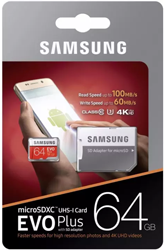 Samsung EVO Plus Micro SDXC Class: 10 / U3 (100MB/s) – 64GB